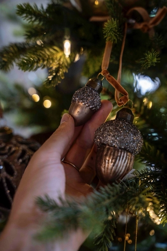 Kerstbal Eikel Bruin - Glas Glitter